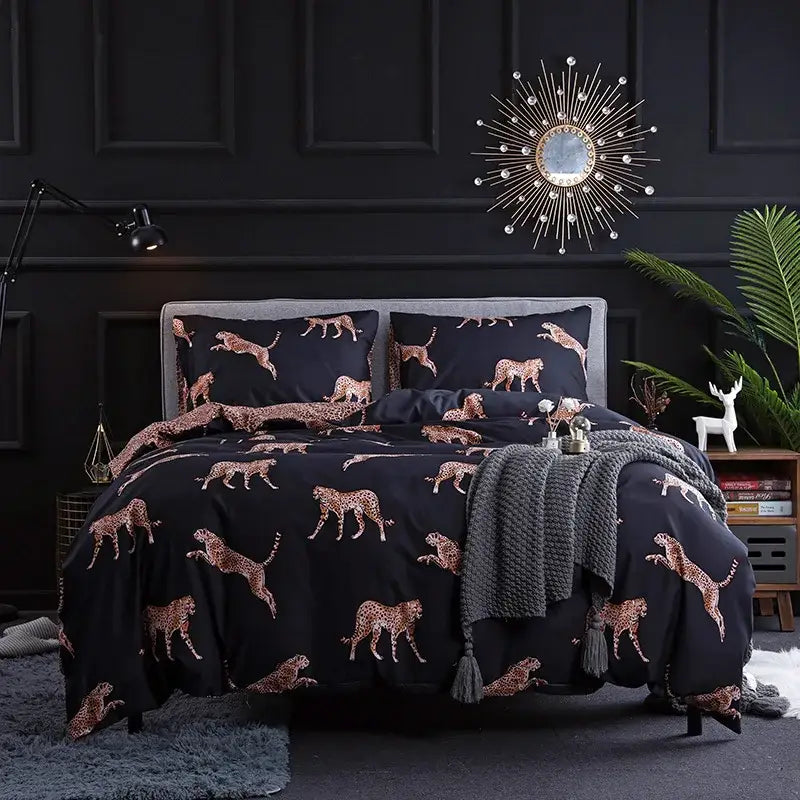 Black duvet set featuring bold rose gold leopard print cheetahs in dynamic poses for decorbites leopard print bedding