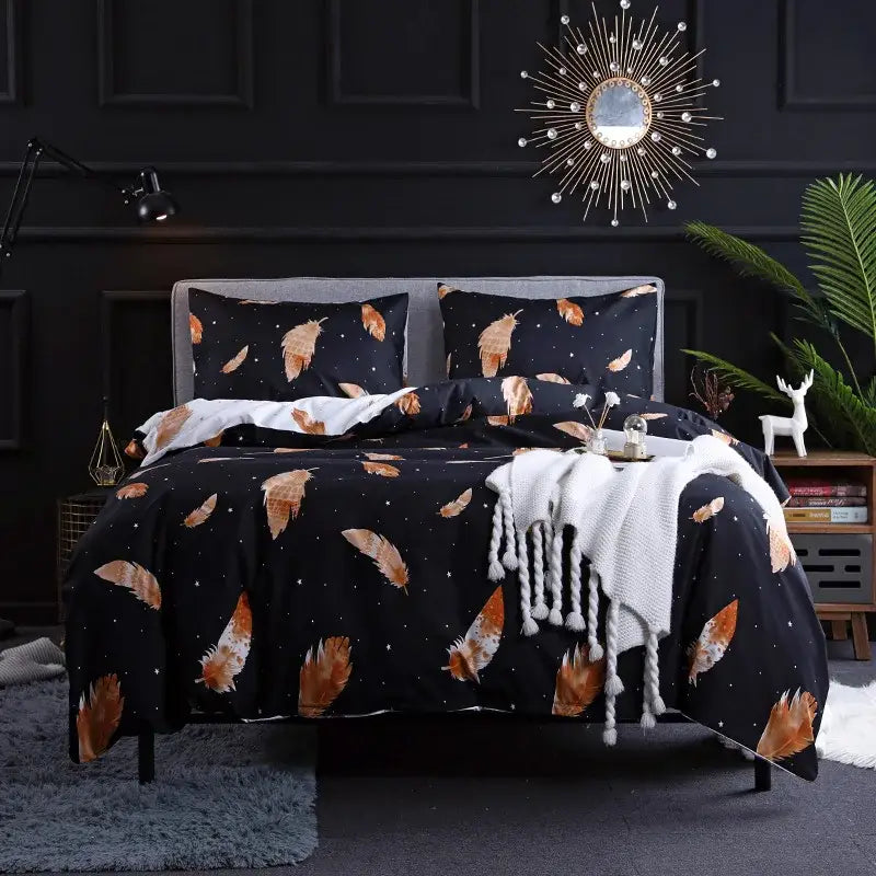 Black duvet set with orange and brown feather pattern paired with matching pillowcases for decorbites leopard print bedding