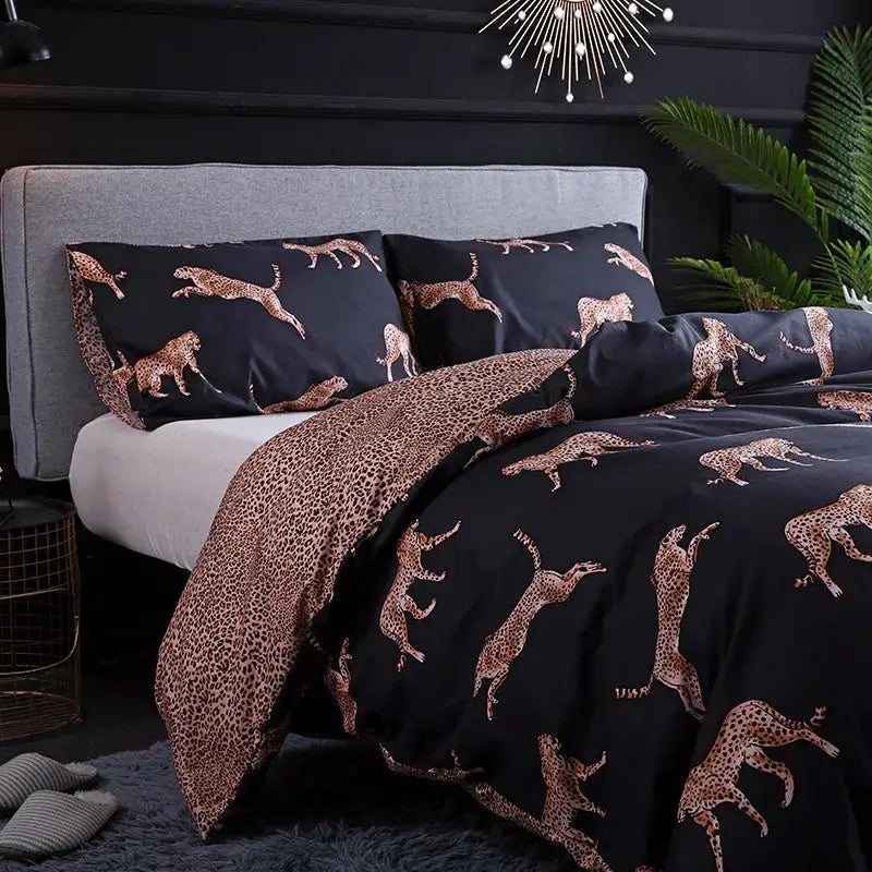 Black and rose gold leopard print duvet set with matching pillowcases featuring bold decorbites leopard print design