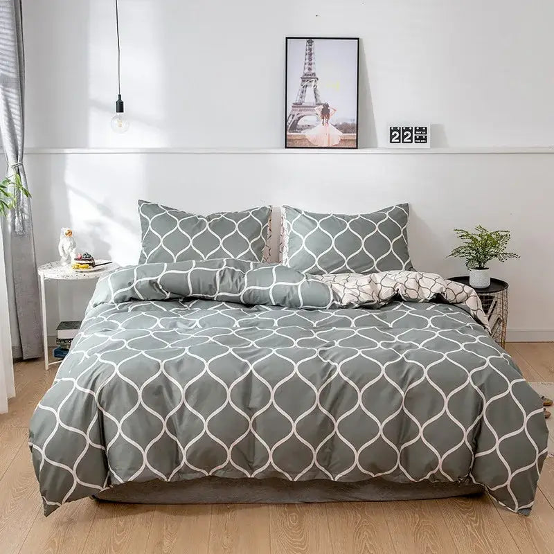 Gray duvet cover with white geometric lattice pattern as part of decorbites leopard print duvet set bedroom bedding