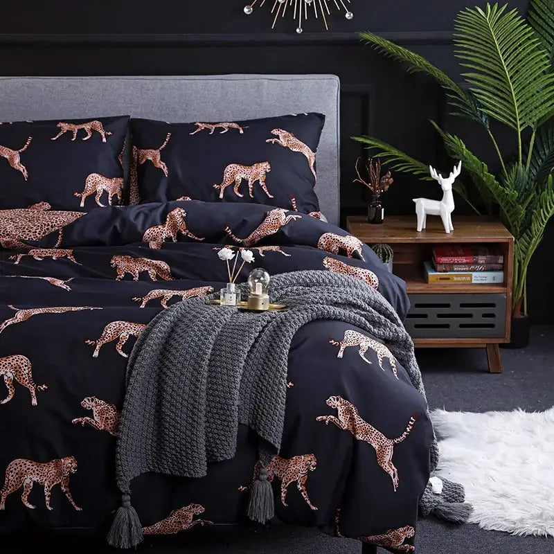 Black duvet set with gold-toned leopard print cheetah silhouettes for stylish decorbites leopard print bedding