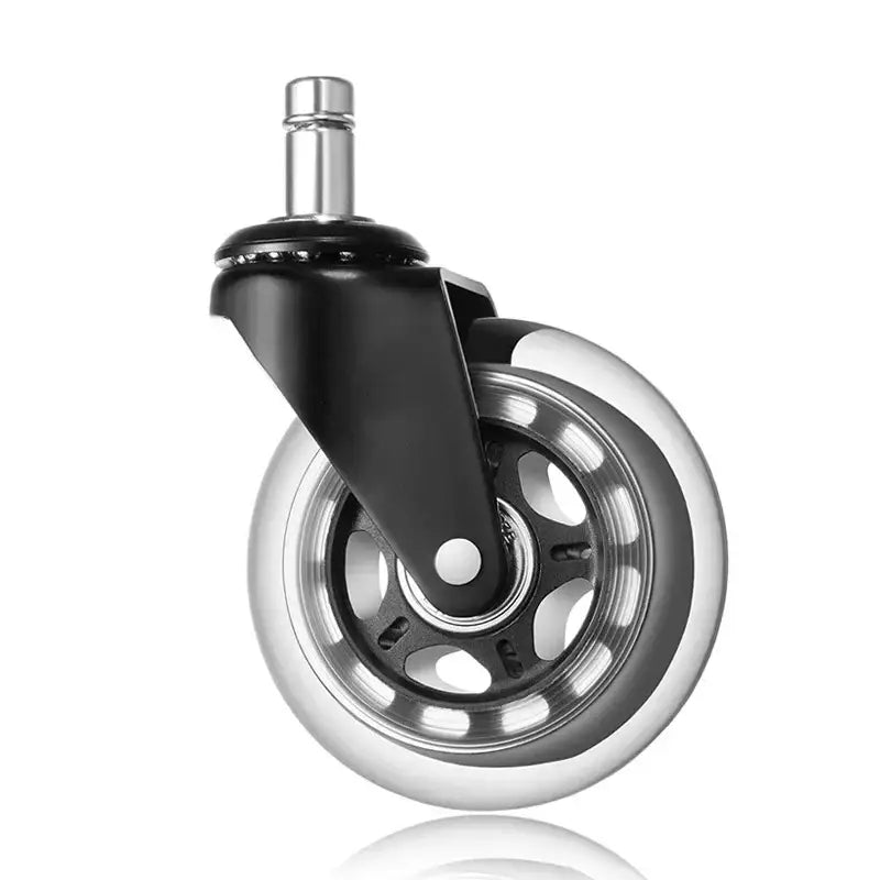 Black and silver 3 inch rotatable heavy duty office chair wheel with transparent glossy plastic rim and metallic hub