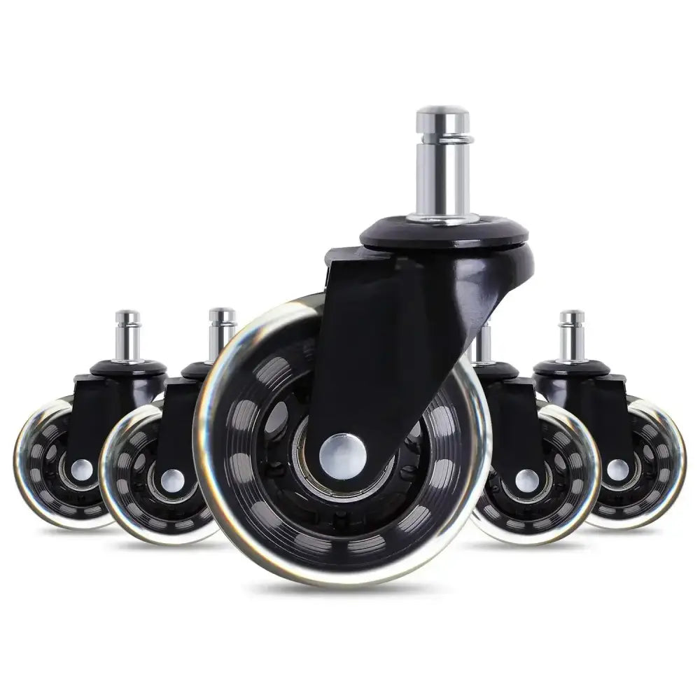 Black and silver 3 inch rotatable heavy duty office chair wheels with durable plastic and metallic rims for smooth rolling