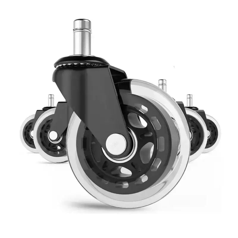 Black and silver 3 inch rotatable heavy duty office chair wheels with durable plastic housing and clear translucent rubber tires