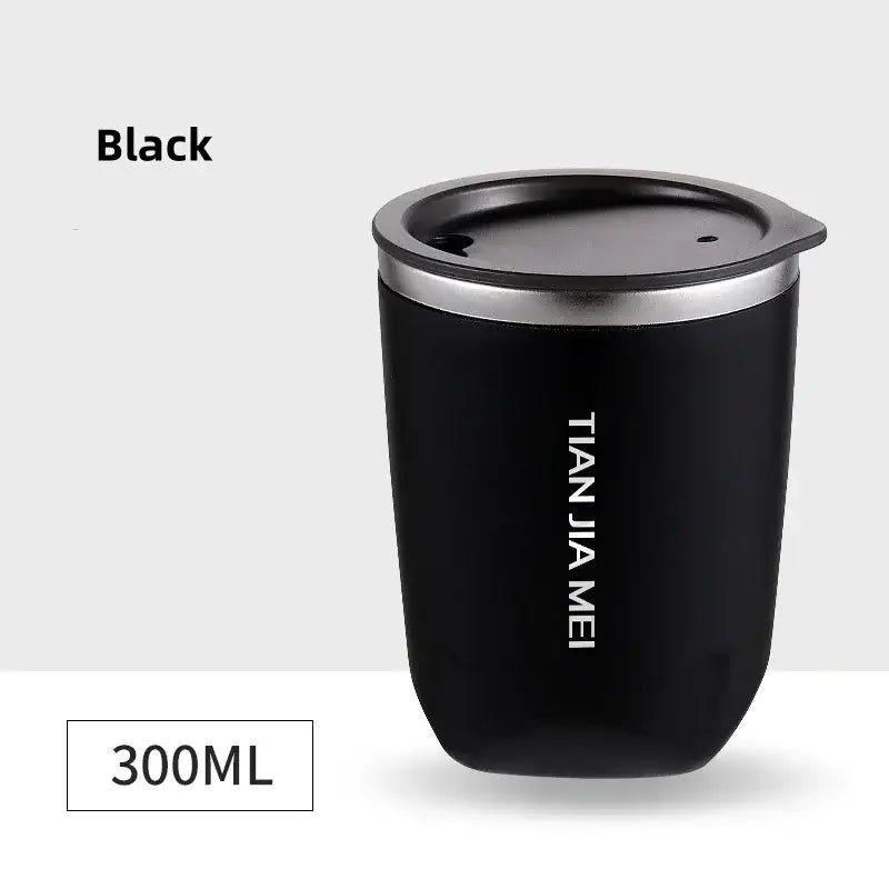 Black and silver 300ml stainless steel vacuum travel mug with insulated design and vertical white lettering