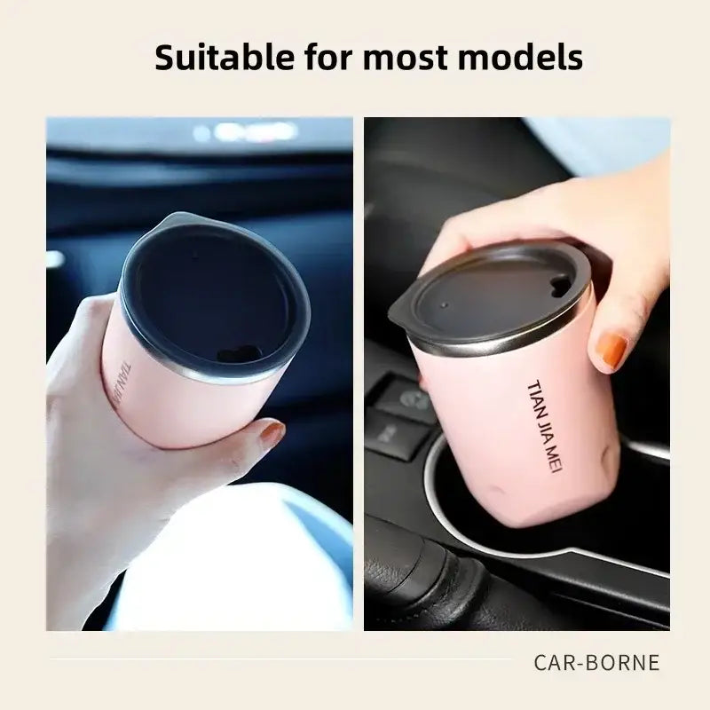 Pink insulated 300ml stainless steel vacuum travel mug with black lid silver rim and tian jia mei branding