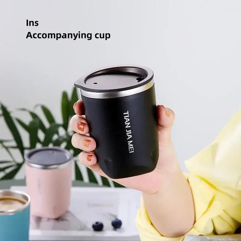Black and silver 300ml stainless steel vacuum flask travel cup with tian jia mei branding and silver rim and lid