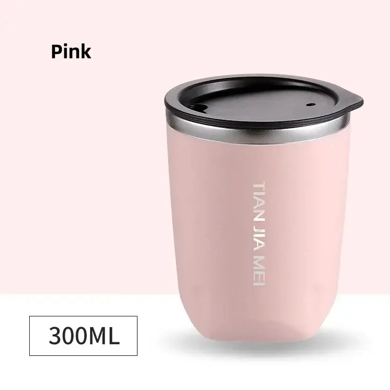 Pink 300ml stainless steel vacuum flask with black lid and silver rim ideal for kitchen and travel use