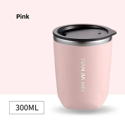 Pink 300ml stainless steel vacuum flask with black lid and silver rim ideal for kitchen and travel use