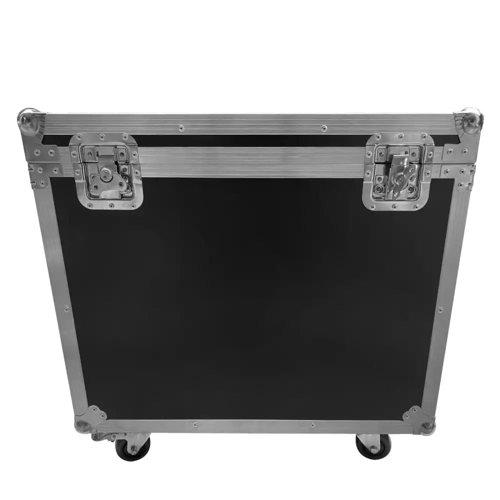 Black and silver dual flight case with aluminum frame and caster wheels for 230w moving head studio storage