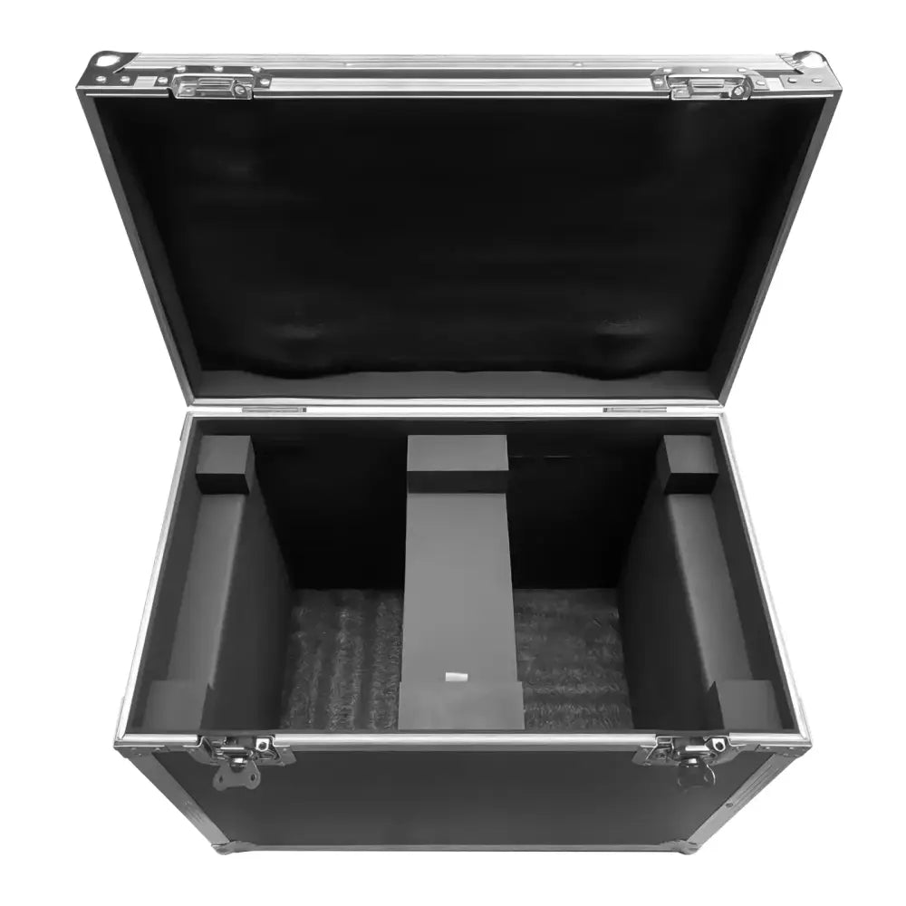Black and silver dual flight case with aluminum frame and foam inserts for secure 230w moving head studio storage