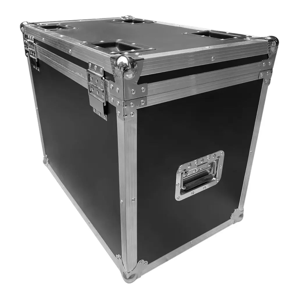 Black and silver dual flight case with aluminum framing and reinforced corners for 230w moving head storage