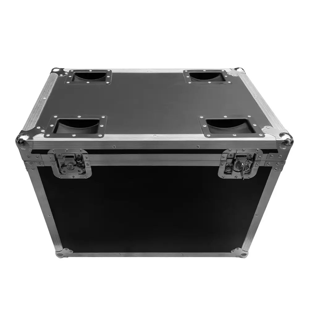 Black and silver dual flight case with aluminum edges and latches for 230w moving head studio storage