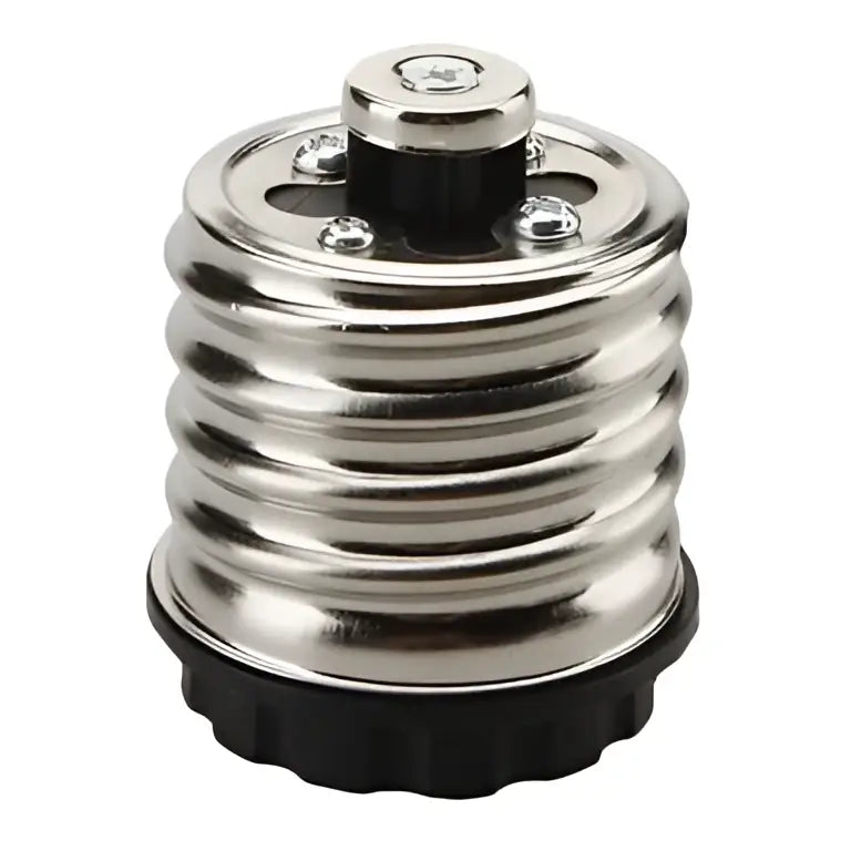 Silver metallic e27 adapter splitter with black rubber base and screw-top design for living room use