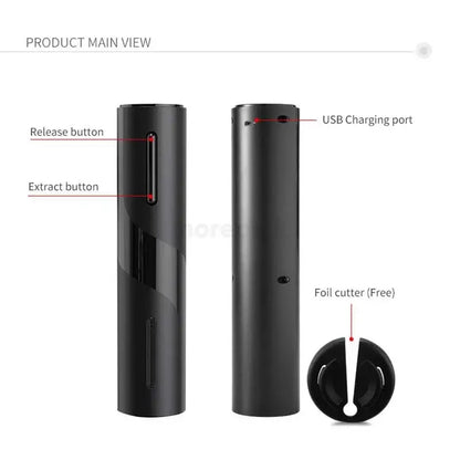 Black and silver electric corkscrew kit featuring a black cylindrical electric corkscrew with usb charging port and buttons