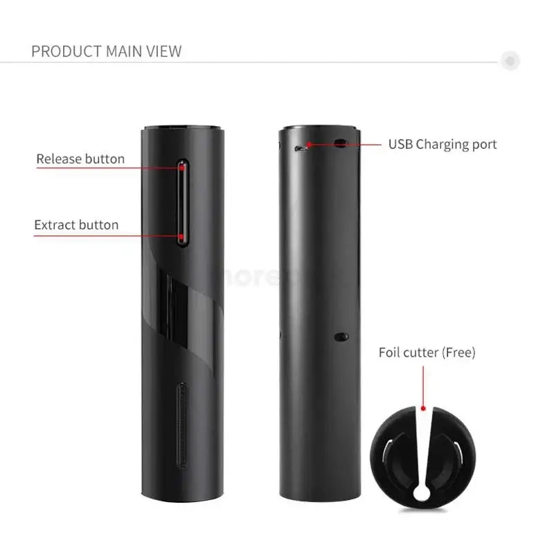 Black and silver electric corkscrew kit featuring a black cylindrical electric corkscrew with usb charging port and buttons