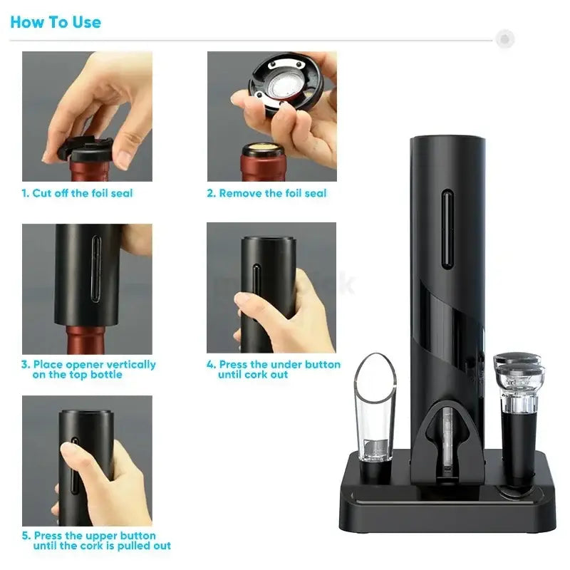 Black and silver electric corkscrew kit with integrated corkscrew foil cutter and glass stopper on matching base