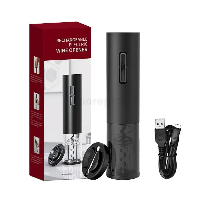Black and silver electric corkscrew kit with a transparent section showing the spiral mechanism for dining room use