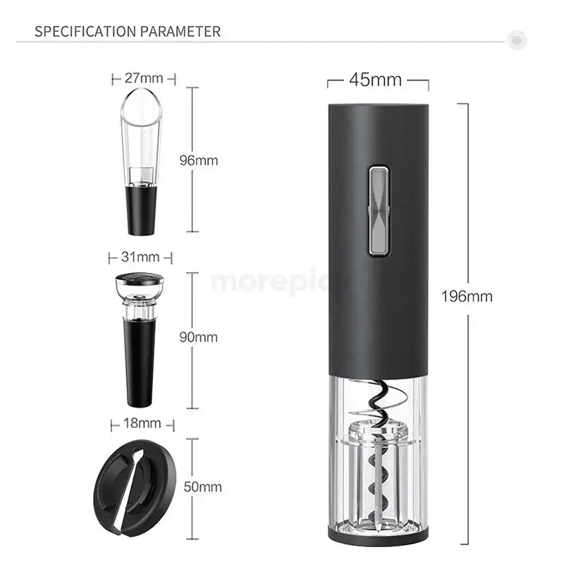 Black and silver electric corkscrew kit with sleek cylindrical design and integrated screwdriver mechanism for dining room use