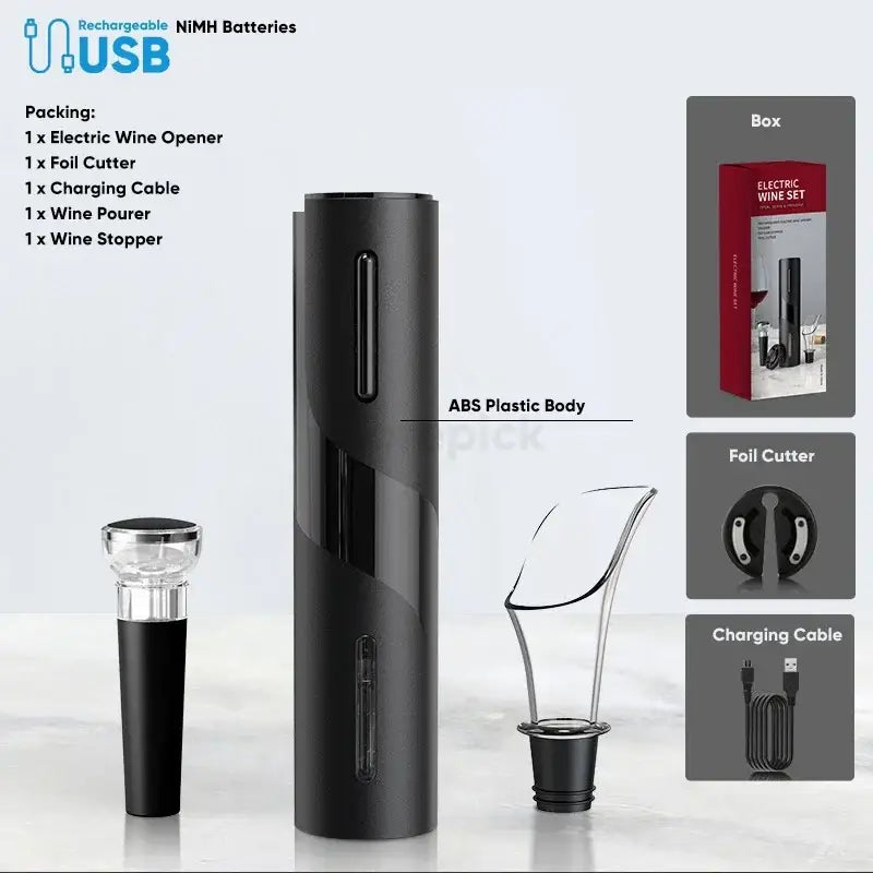 Black and silver electric corkscrew kit with sleek abs plastic body for easy dining room wine opener use