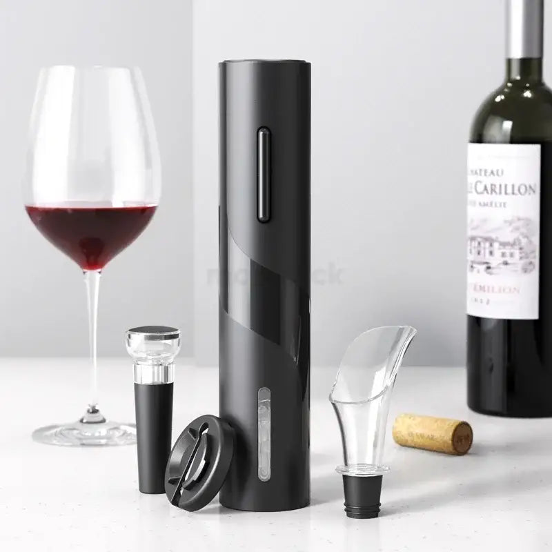 Black and silver electric corkscrew kit featuring a sleek cylindrical design with silver accent strip for dining room use