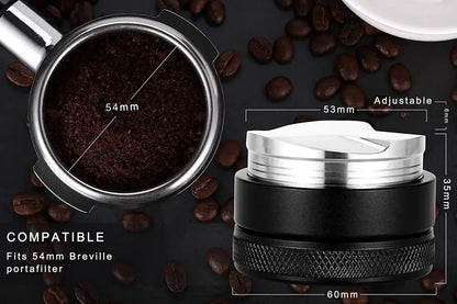 Black and silver adjustable espresso distributor coffee leveler with textured grip base for improved brewing experience