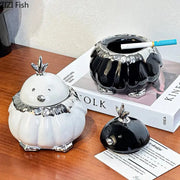Black and silver garlic duck ceramic pumpkin ashtray with metallic rim and feet for living room decor by decorbites garlic duck