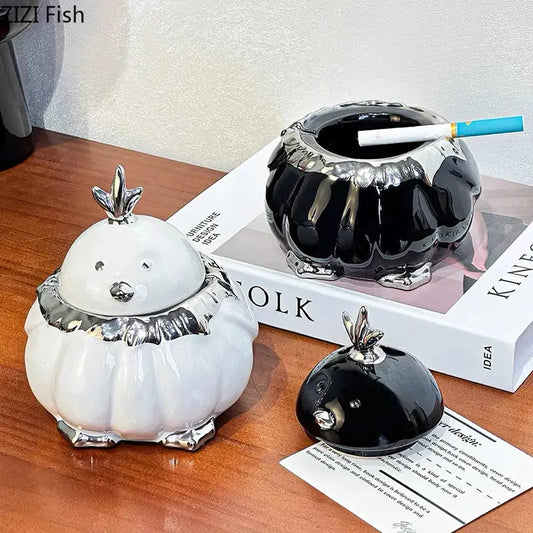 Black and silver garlic duck ceramic pumpkin ashtray with metallic rim and feet for living room decor by decorbites garlic duck