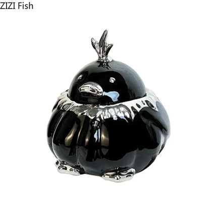 Black and silver garlic duck ceramic pumpkin ashtray with glossy ceramic and metallic accents for living room decorbites decor