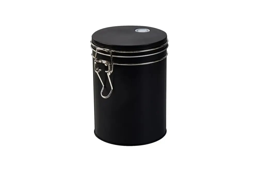 Black and silver metal hermetic food storage pot with cylindrical design and clasp lid by decorbites hermetic food