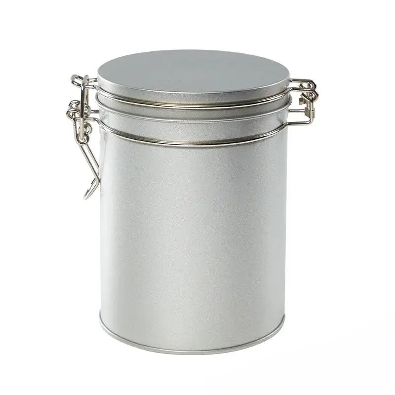 Black and silver decorbites hermetic food metal storage pot with hinged lid and chain clasp for secure food storage