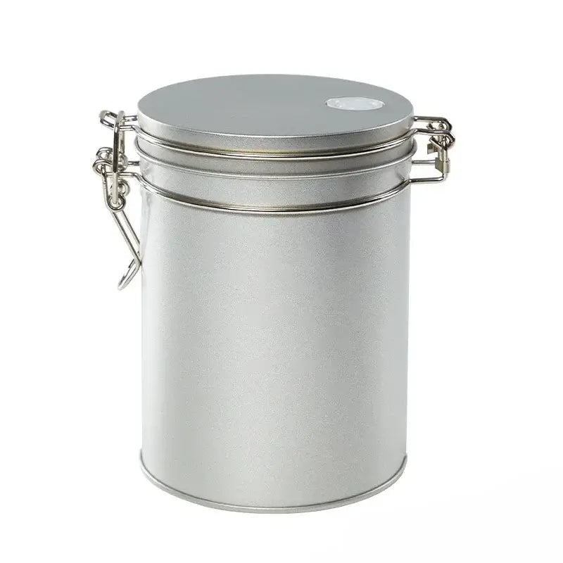 Silver metallic cylindrical hermetic food storage pot with hinged lid and chain clasp by decorbites
