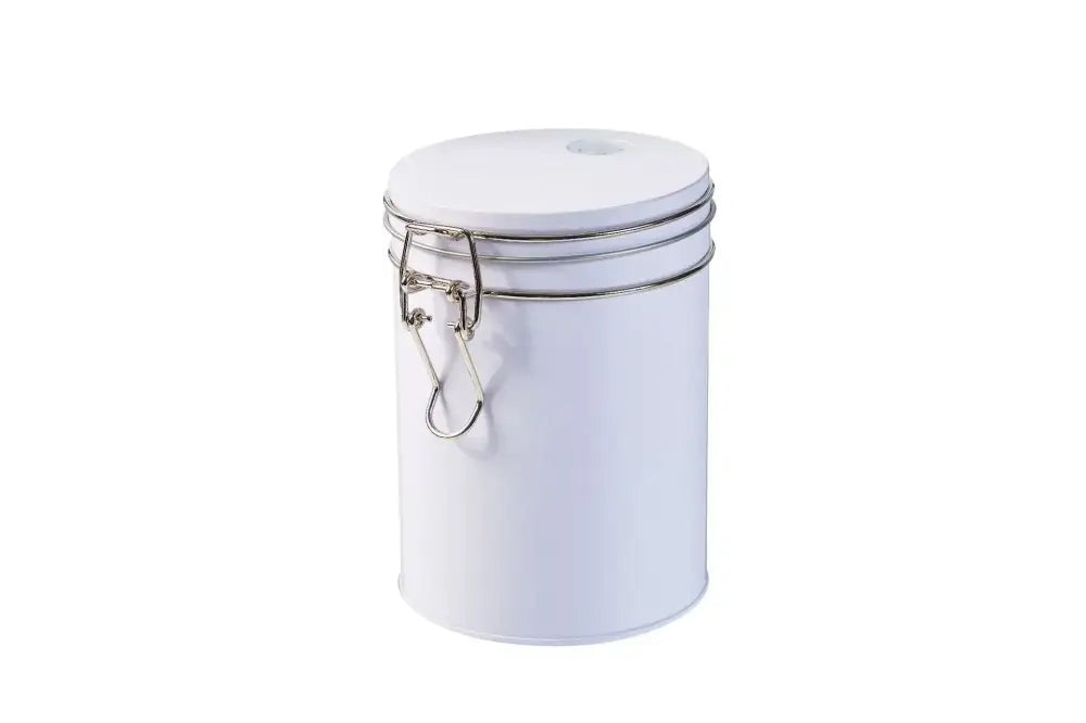 White cylindrical metal hermetic food storage pot with hinged lid and silver clasp by decorbites for kitchen use