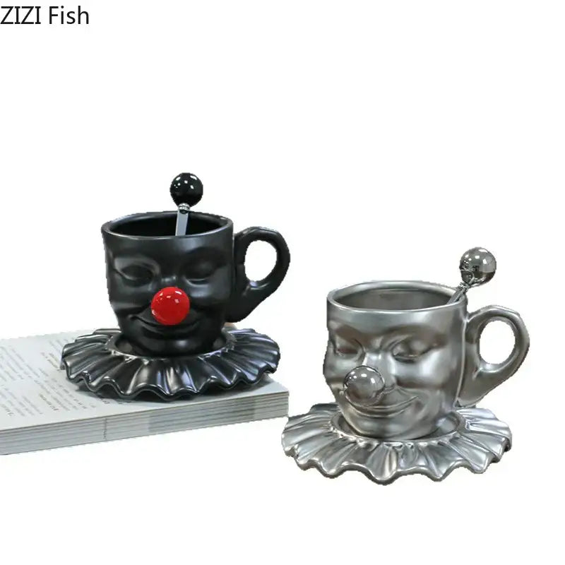 Black and silver joker head cup with red nose ball on matching ruffled saucer porcelain coffee set decorbites joker head