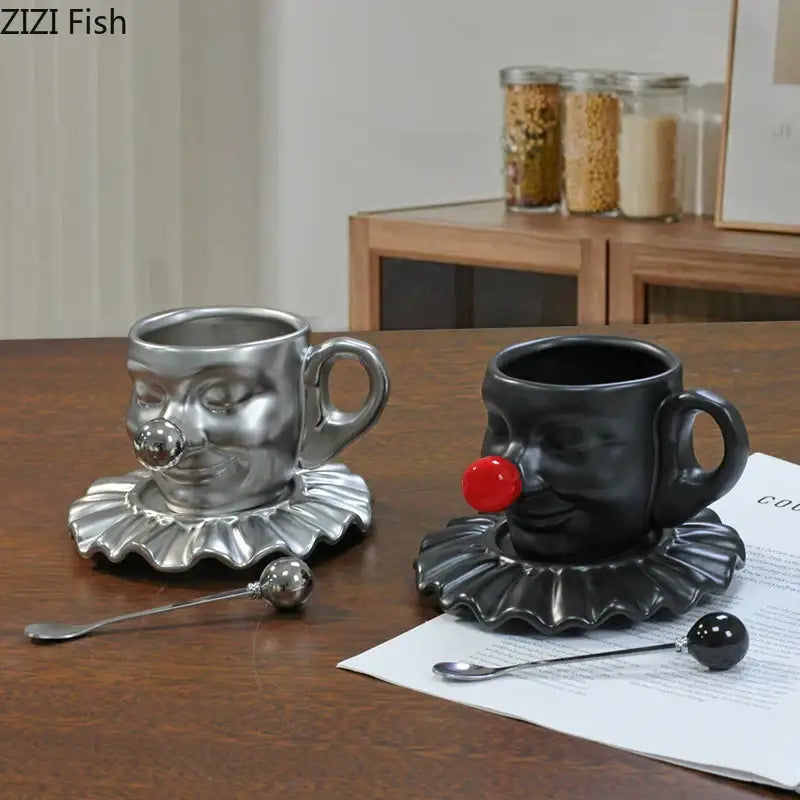 Black and silver joker head cup and ruffled saucer porcelain coffee set with red nose accents for decorbites joker head