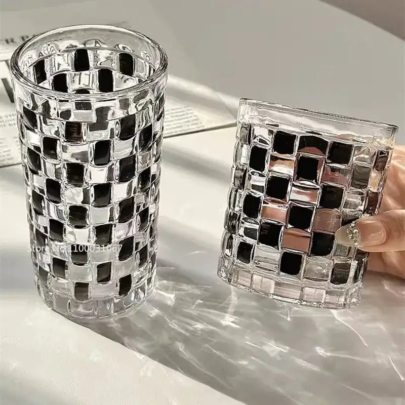 Clear glass cups set featuring a black and silver mosaic pattern with mirrored square tiles for kitchen drinkware