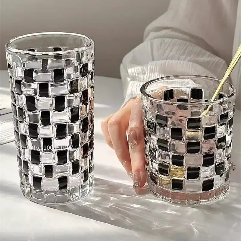 Black and silver mosaic glass cups set featuring clear glass tumblers with decorative tile patterns for kitchen drinkware