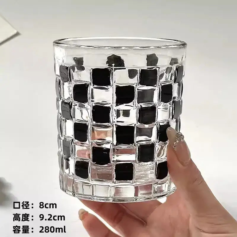 Black and silver mosaic glass cups set featuring clear glass tumbler with black and clear checkered pattern