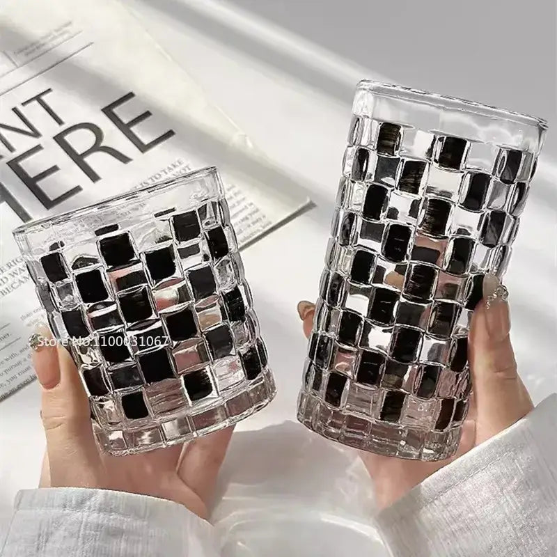 Clear glass cups set with black and silver mosaic tile design elegant glass cups for kitchen drinkware use