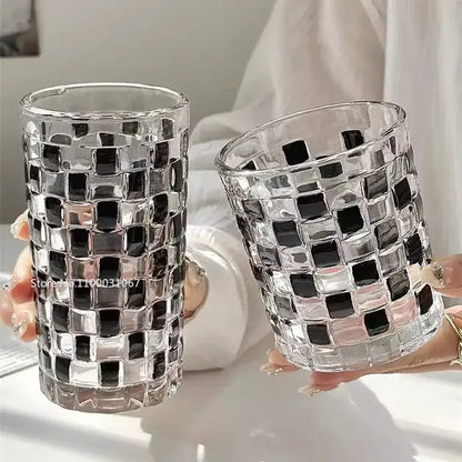 Black and silver mosaic glass cups set featuring geometric grid pattern in black and clear glass for kitchen drinkware