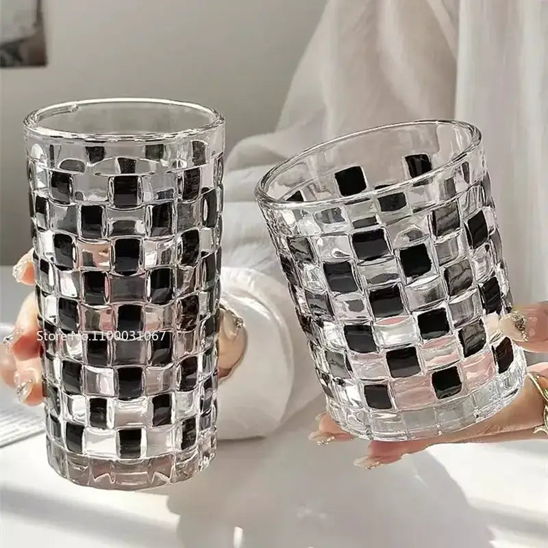 Black and silver mosaic glass cups set featuring geometric grid pattern in black and clear glass for kitchen drinkware