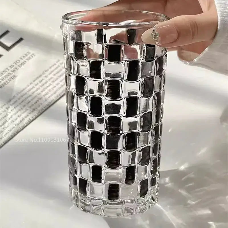 Clear glass vase with black and silver mosaic tile pattern as part of black and silver mosaic glass cups set kitchen drinkware