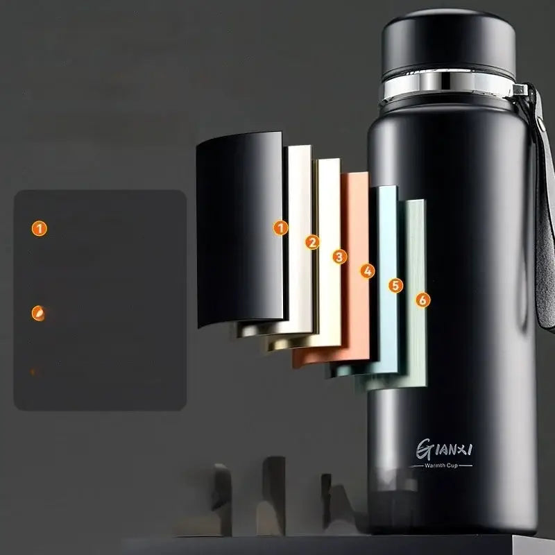 Black and silver stainless steel insulated 24hr cold cup with sianxi warmth cup branding and carrying strap