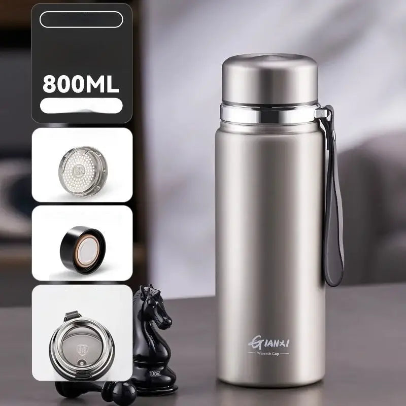 Silver stainless steel 800ml insulated 24hr cold cup with black strap and branded logo for travel and kitchen use