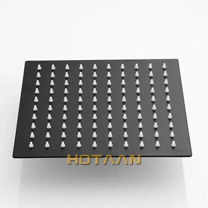 Black and silver stainless steel shower head with decorbites black plated finish and white nozzles for bathroom use