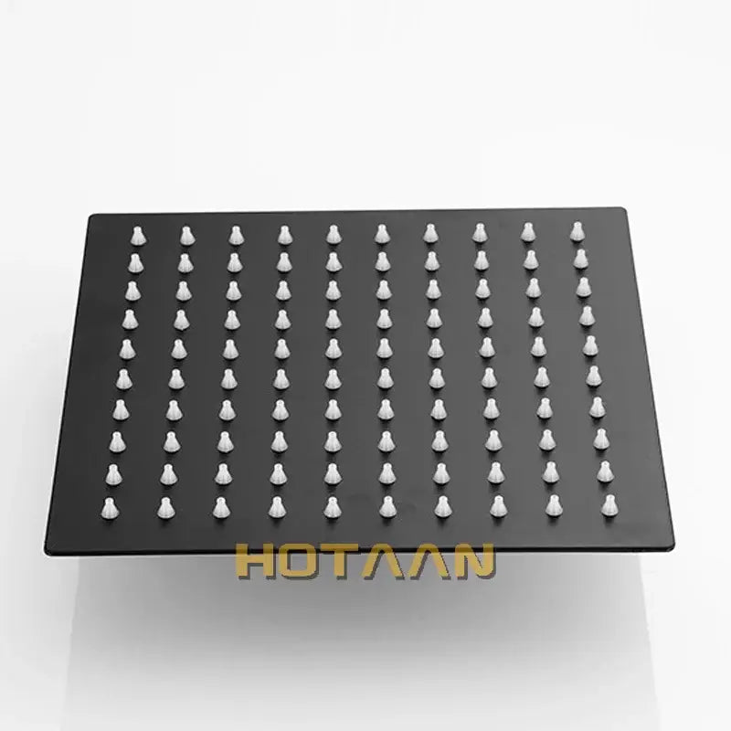 Black and silver stainless steel shower head with decorbites black plated finish and white nozzles for bathroom use