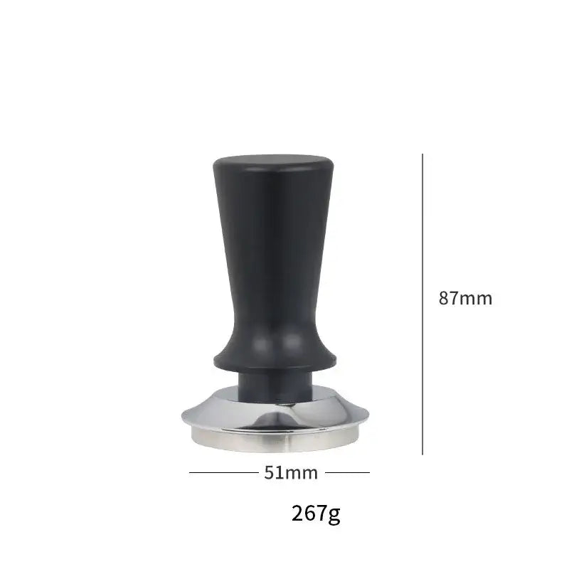 Black and stainless steel decorbites adjustable coffee tamper with black handle 87mm height 267g weight for barista use