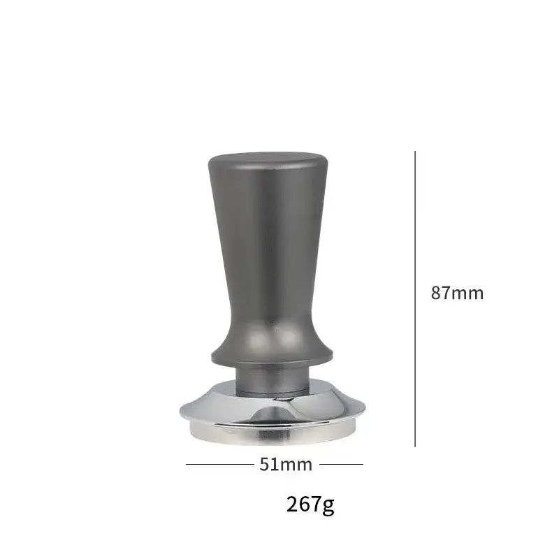 Black and stainless steel decorbites adjustable coffee tamper with matte cylindrical handle and polished chrome base