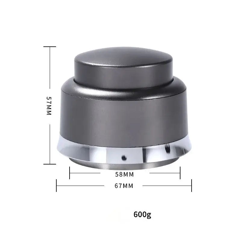 A sleek matte black and chrome decorbites adjustable coffee tamper with cylindrical body and rounded top for barista use