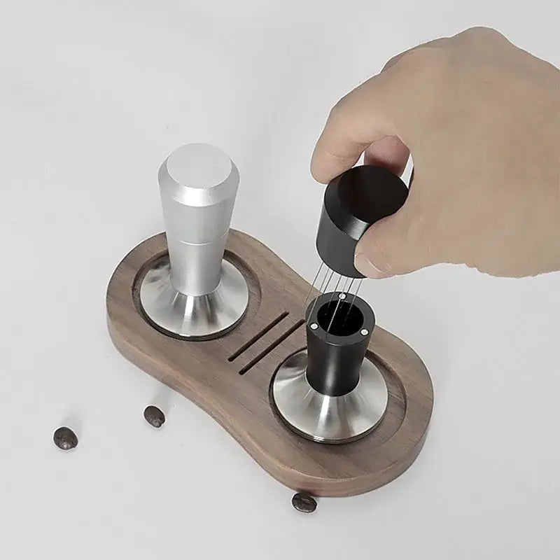 Silver and black stainless steel coffee distributor tamper set with wooden base decorbites coffee distributor kitchen tool